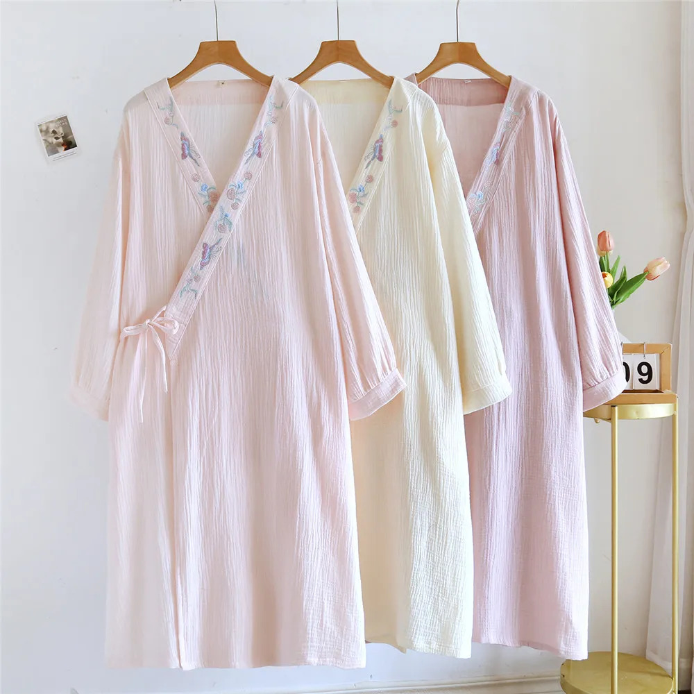 

Spring and Summer Cotton Kimono Pajamas Robes Cotton Thin Sleepwear Clothes for Women Retro Sweatshirt Bathrobe