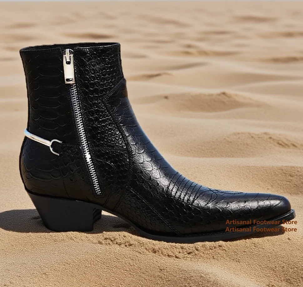 Snake Pattern Chelsea Boots Side Zipper Boots Solid Color Metallic Decor High-Top Booties Handmade Men Shoes Newest Botas