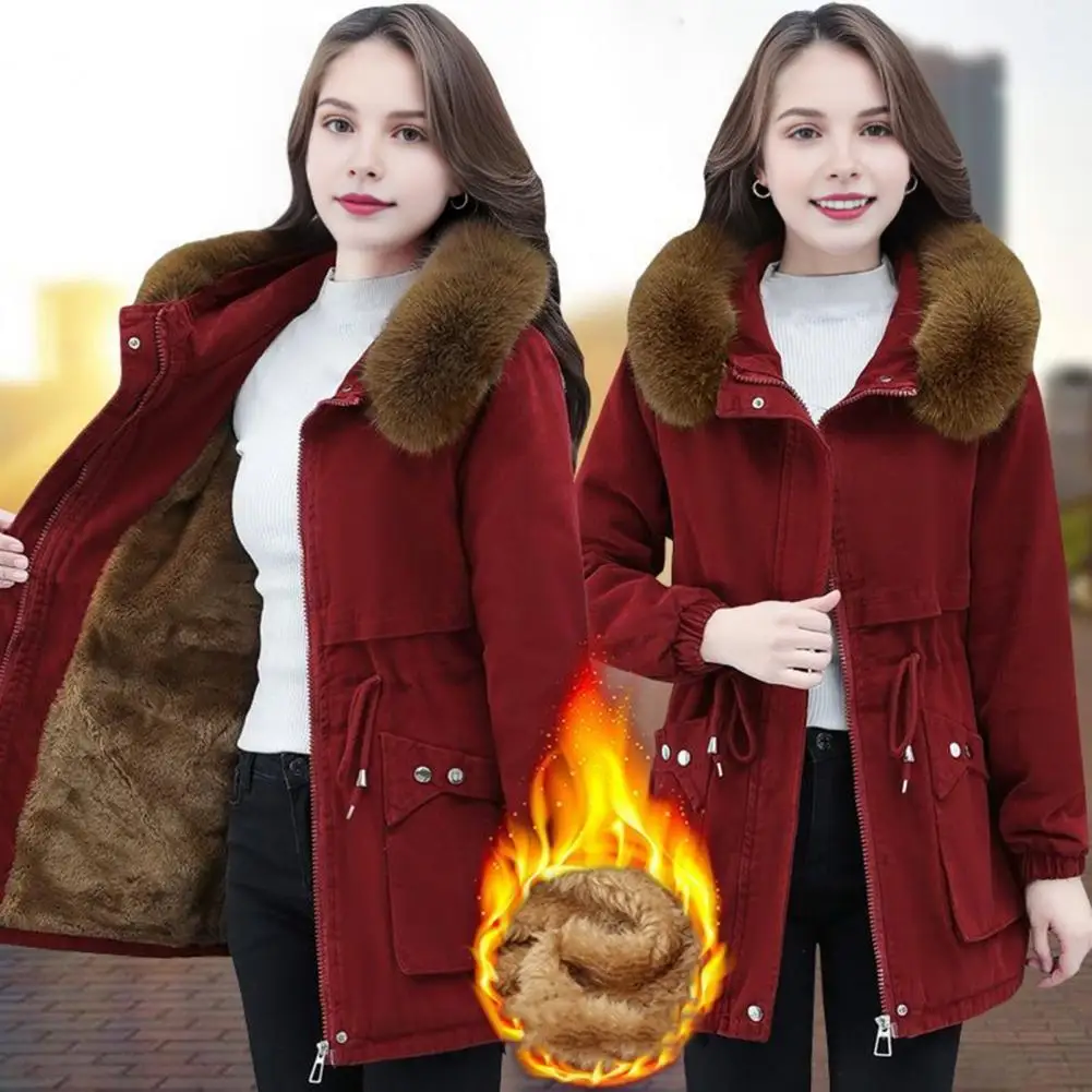 Winter Women Faux Shearling Jacket With Furry Hood Solid Color Double Pockets Drawstring Waist Cotton Coat Mid Length Outwear