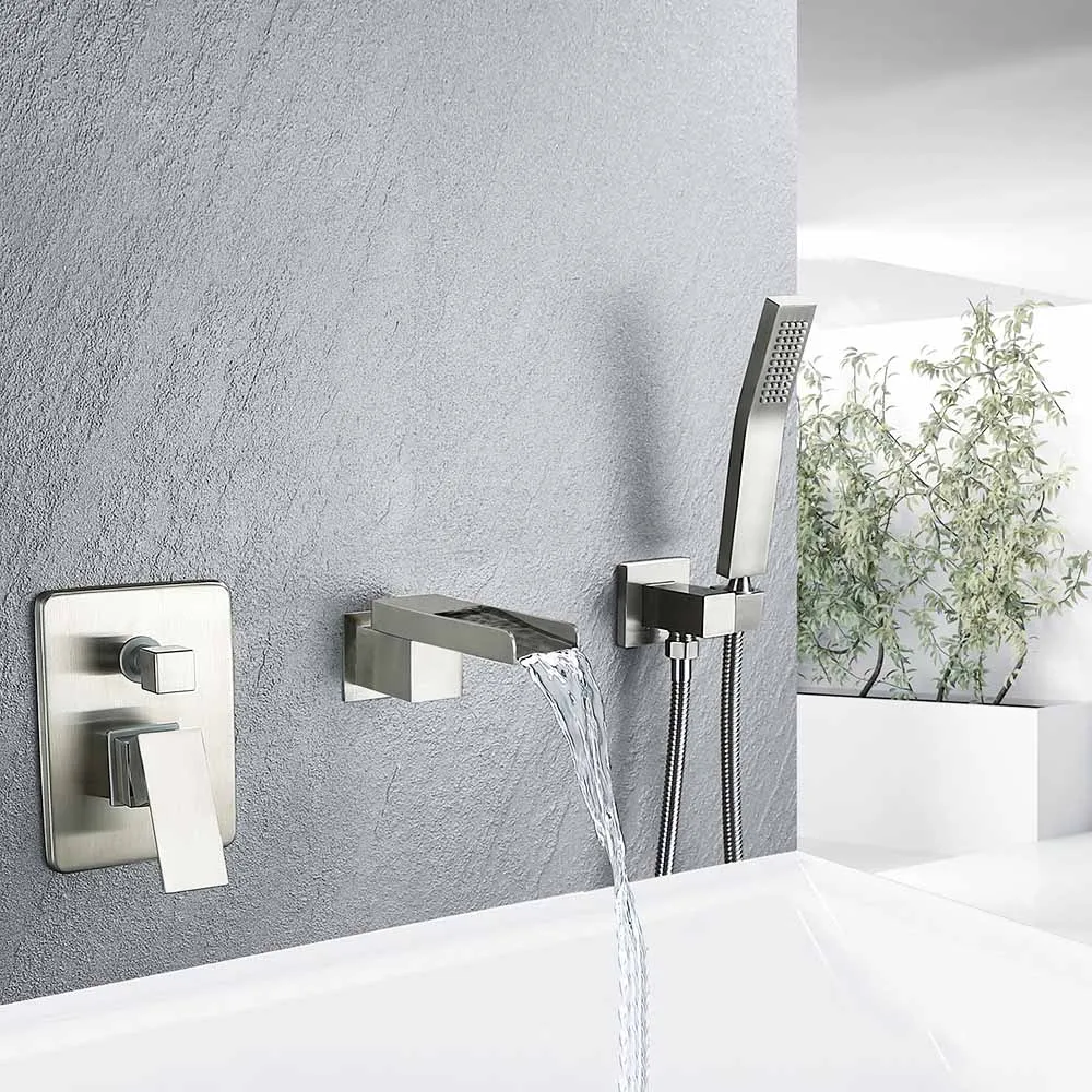 

Brushed Color Brass Wall Mounted Waterfall Bathtub Faucets Three-piece Set With Rain Handheld Shower Sprayer Water Mixer Tap