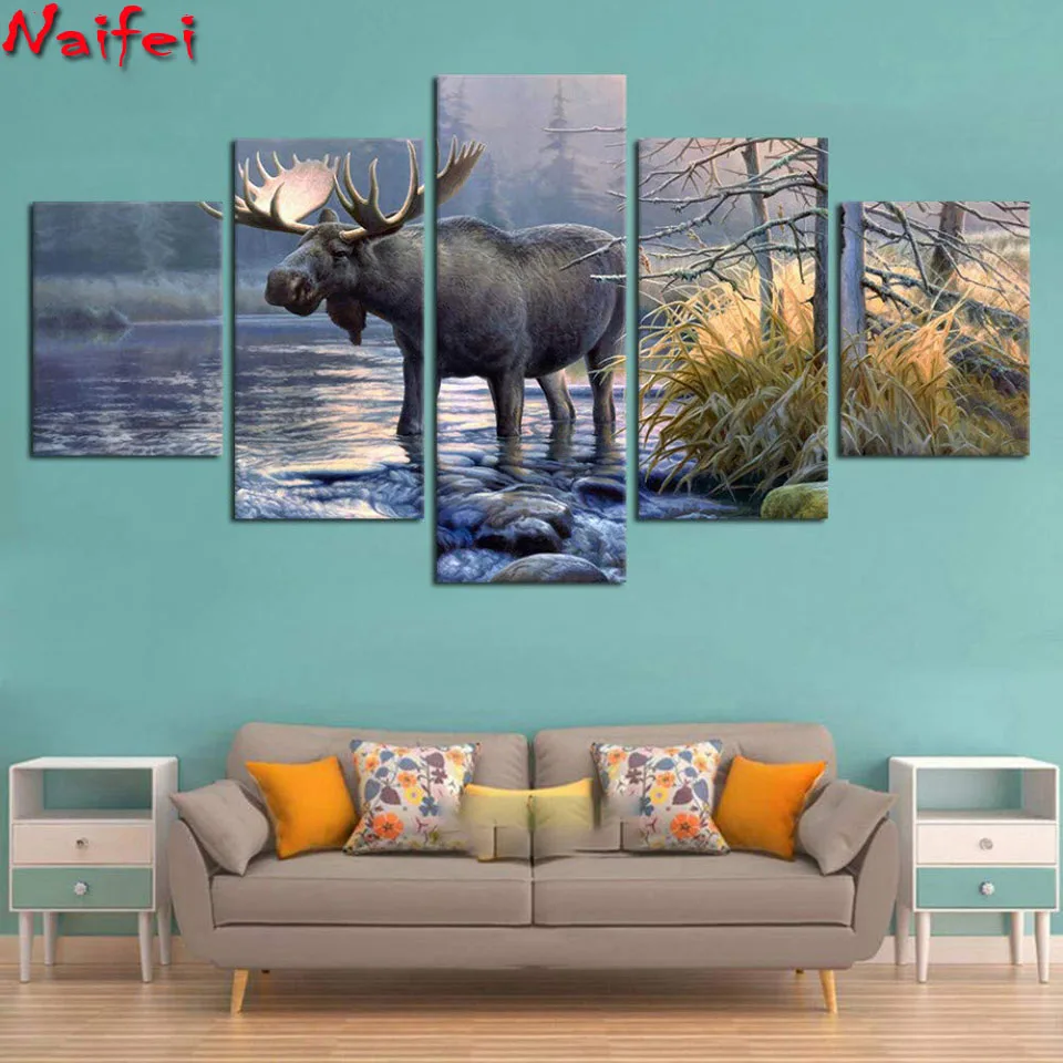 

5 Consecutive Paintings Home Decorative diamond Painting 5 Pieces Moose Animal Lake Landscape Pictures diy diamond embroidery