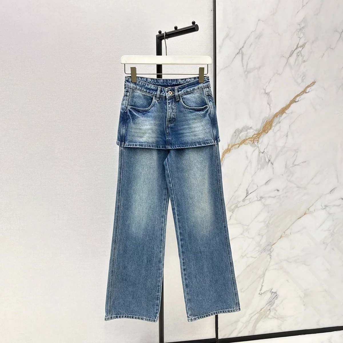 2026 high-quality women's retro washed fake skirt style wide leg denim pants26708111
