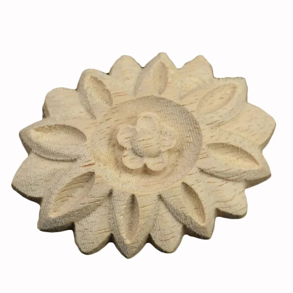10PCS Wood Applique Onlay Wood Decal Door Flower Long Flowe Vertical Flower Round Square Rubber Wooden Unpainted Cabinet Window