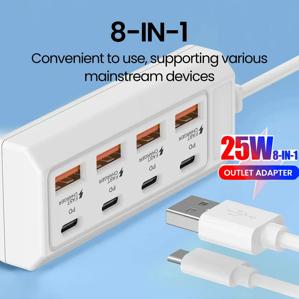 25W 8-in-1 USB Fast Charging Electrical Socket Type C Power Strip Charger Docking Station Power Outlet Adapter For Home Office