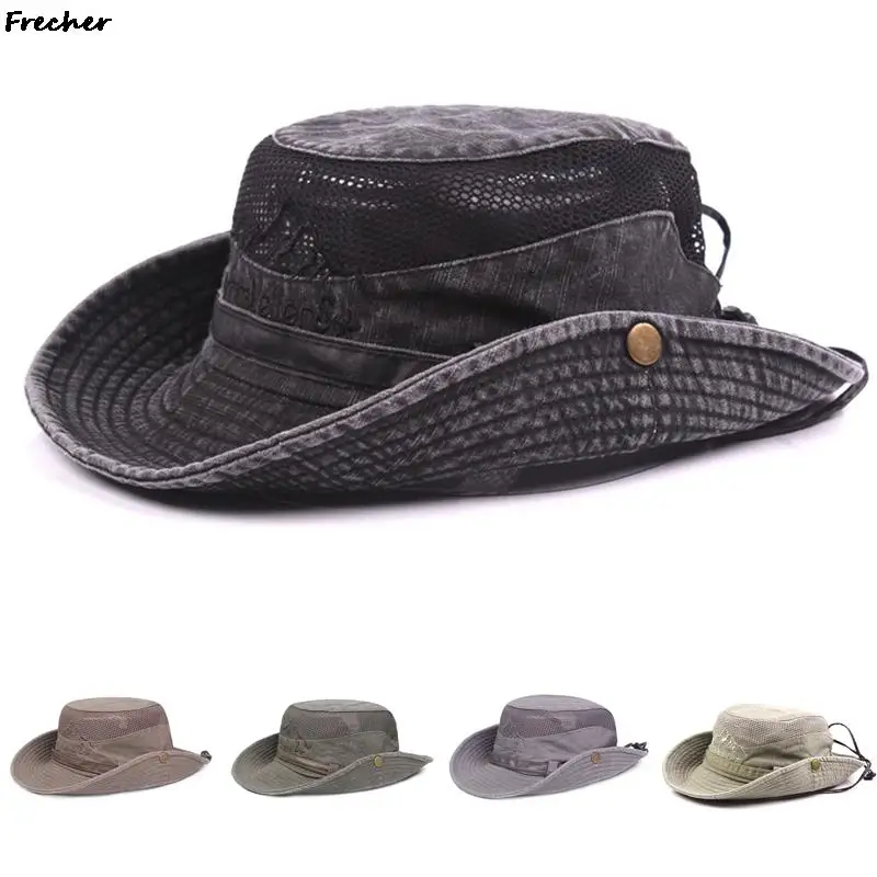 Men Breathable Jeans Jazz Caps Grassland Bucket Hat Jungle Fishing Hats Male Vintage Panama Adjustable Belts Leisure Chapeau