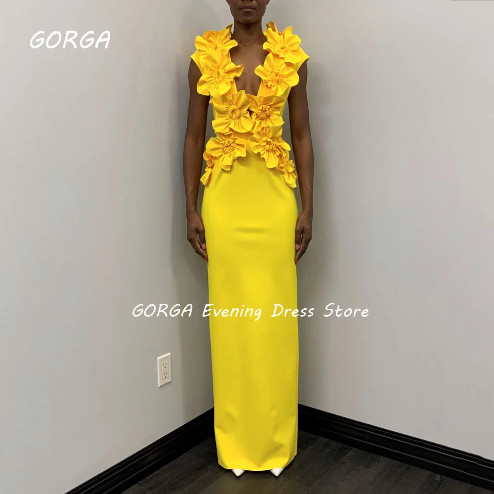 GORGA Simple Yellow Deep V-Neck 3D Flowers Crepe Mermaid Prom dress 2024 Slim Sleeveless Floor-Length Formal Evening Dress