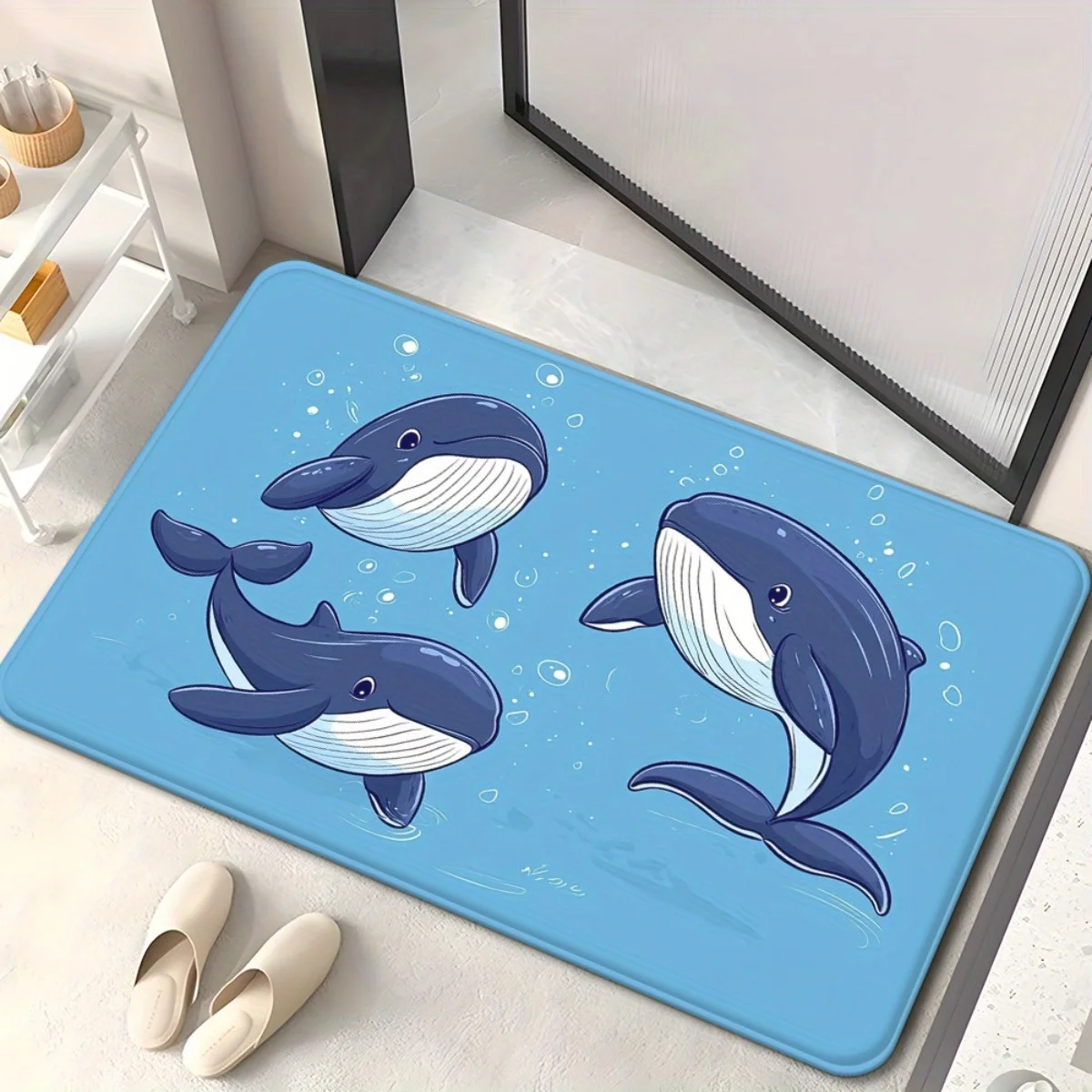 1pc Cartoon whale pattern floor mat, machine washable polyester, suitable for bedroom and living room decoration.