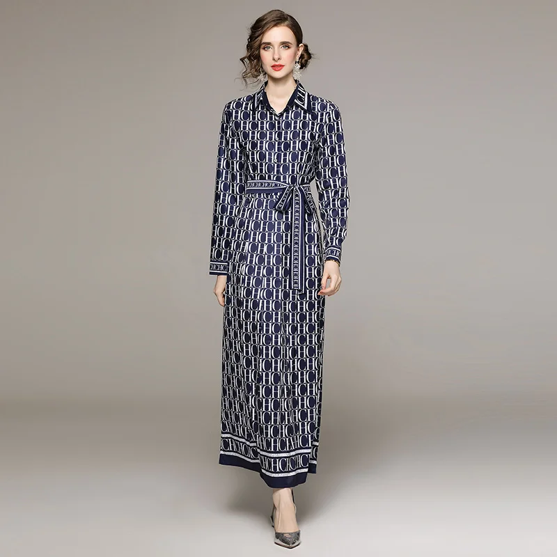 2024 Autumn/Winter New Women\'s Blue Silk Polo Collar Long Sleeve Dress with Letter Printed Loose Waist and Knee length Skirt