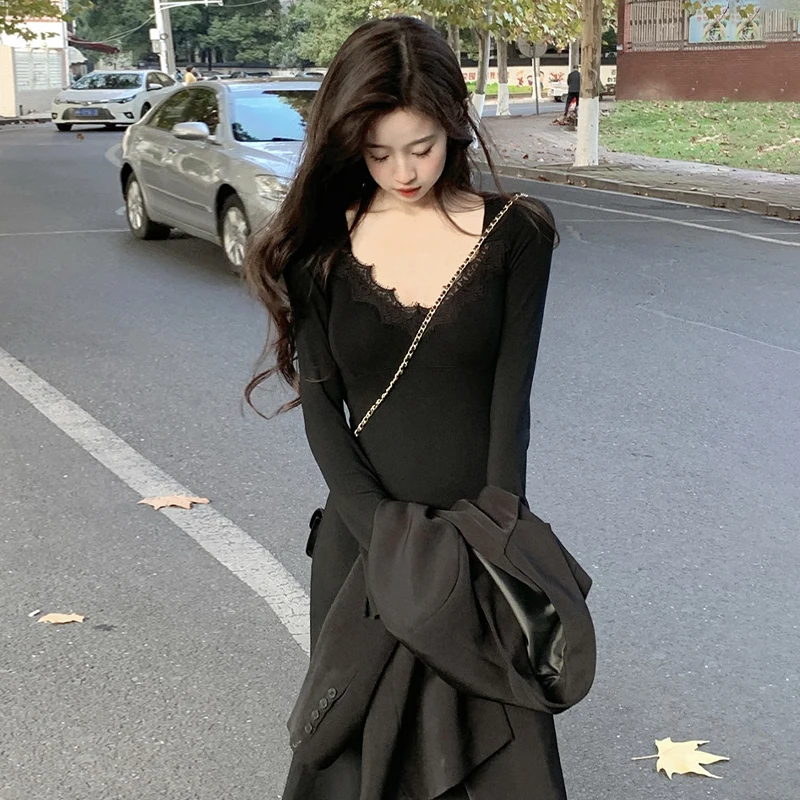 Women's Dress Solid Color Lace Splicing Sexy Long Sleeve Bodycon Long Dresses