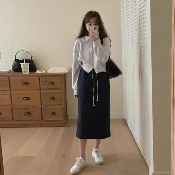 Unique SEI Women's Zipper Long Sve ort Hoodie Jaet Korean Sle Commute Faion Pure Color  Collar Loose Cardigan