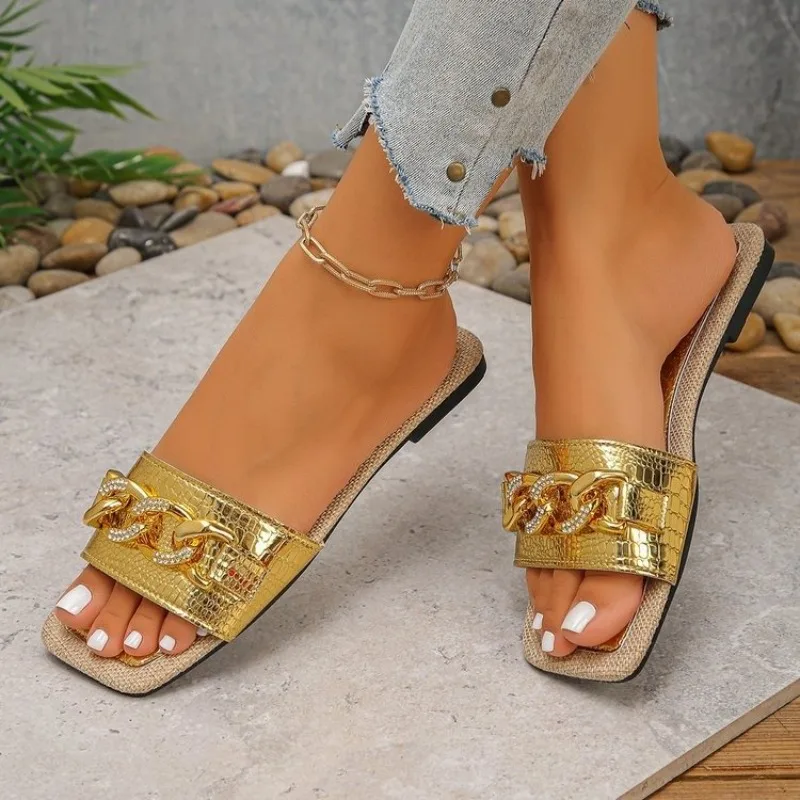Women's Slip-On Flat Slides Square Toe Textured Finish Metallic Chain Rhinestone Casual Daily Outdoor Summer Walking Footwear