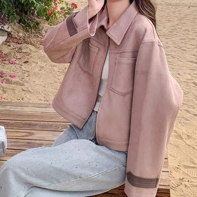 

Pink Sweet Cool Suede Fleece Short Jacket for Women 2025 Autumn, Stylish, Cool and Chic, Casual and Versatile Jacket