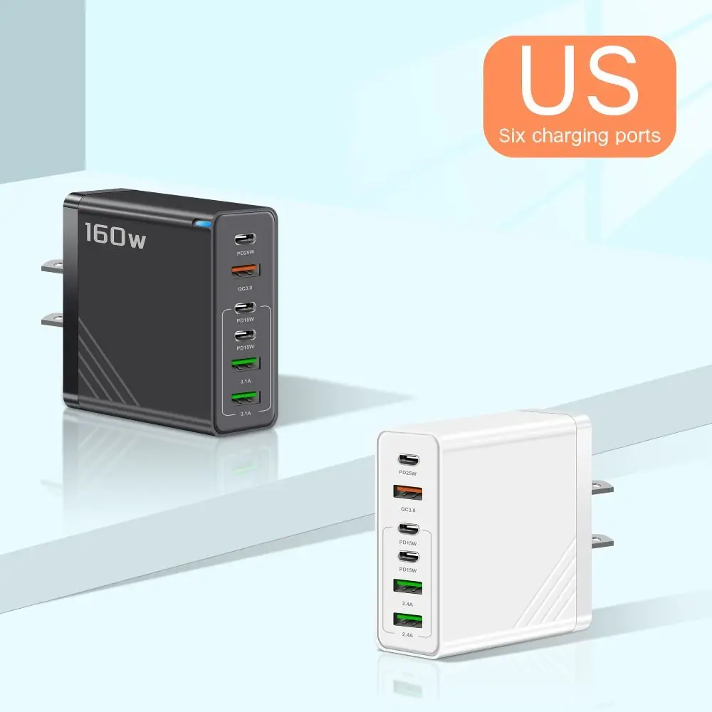 Cargador de 6 puertos de 160W, enchufe USB A + C con adaptador de cargador de teléfono LED, carga rápida PD QC3.0, cargador multipuerto para iPhone/Samsung
