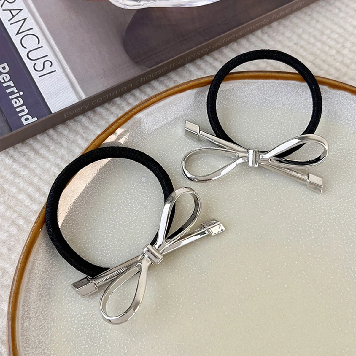 Elegant Silver Metal Bow Head Rope Cute Bowknot Hair Ties Elastic Rubber Bands Ponytail Holder For Women Girls Hair Accessories