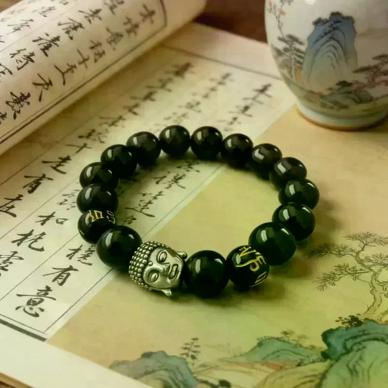 Black Obsidian Bead Bracelet With Silver Charm Gold Mantra Beads For Meditation Daily Wear