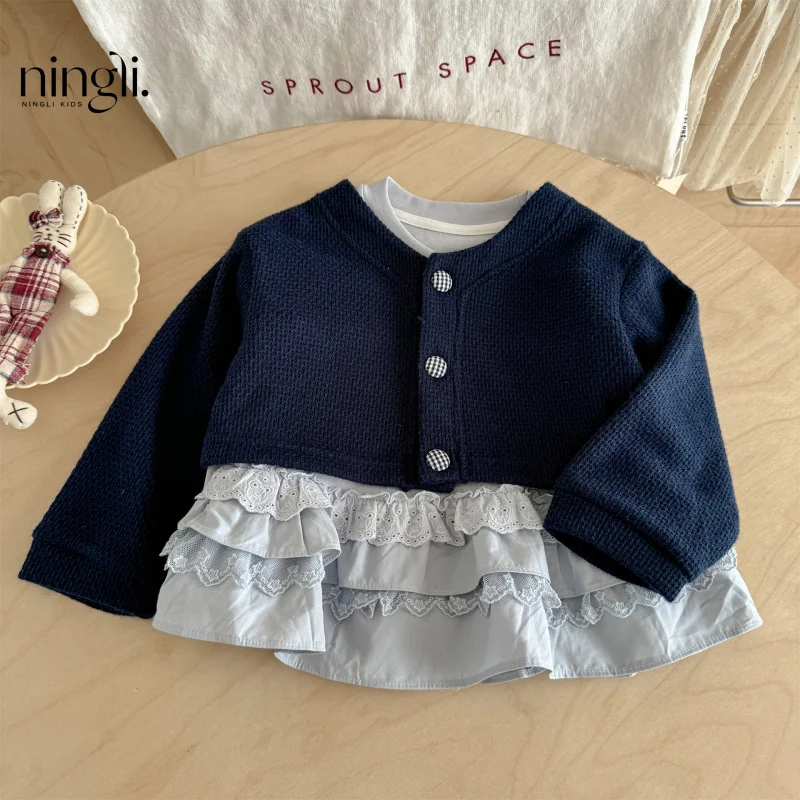 

Autumn Sweet Baby Patchwork Ruffle Hem Top Sweater Coat New Autumn Two-Piece Set
