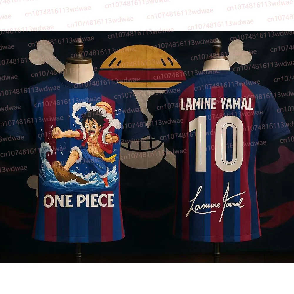 Barça Football Jersey One Piece T-shirt Men Luffy Football Jersey Lamine Yamal 10 Jersey Football Kit Quick Drying Football Tee