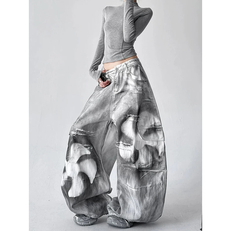 Spodnie damskie Y2K na zimę, casualowe, z nadrukiem farbą, luźne, wyszczuplające, z prostymi nogawkami, szerokie nogawki, uniwersalne jeansy, modne.