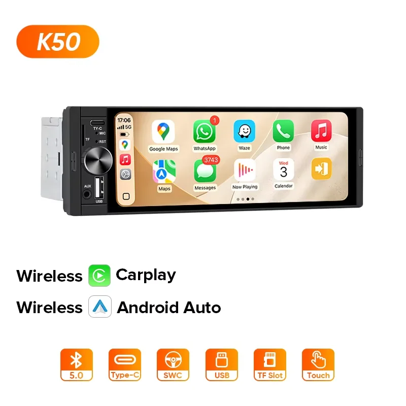AINAVI Single DIN autoradio met draadloze Carplay en Android Auto, 6.36 inch HD touchscreen, Bluetooth, USB, AUX-IN, TF, FM, MP5-speler - afbeelding 1