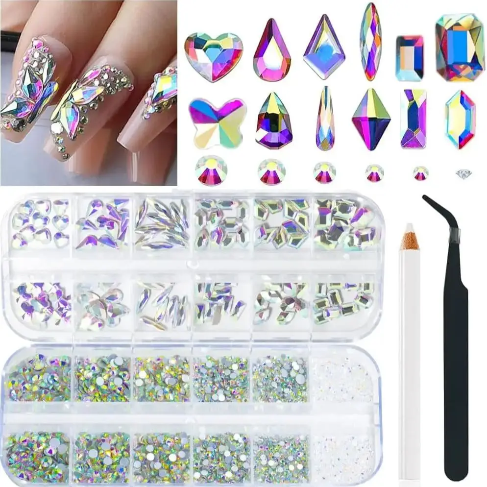 Nail Rhinestones,Nail Art Charms Aurora Colorful, Diamond Gems Stones with AB Flatback Round Nail Beads, Clear Glass Gem Stones