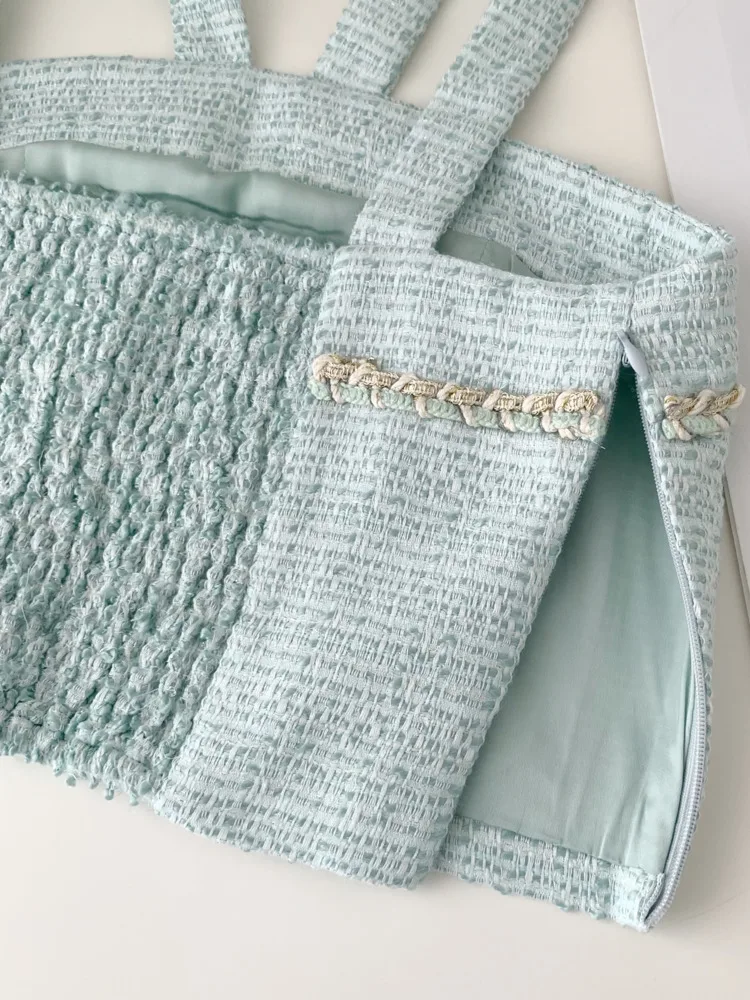 Summer Fall New Mint Green Braided Tweed Two Piece Set Women Sexy Halter Crop Tops Mini Skirt Suits Female Girls Fashion Outfit