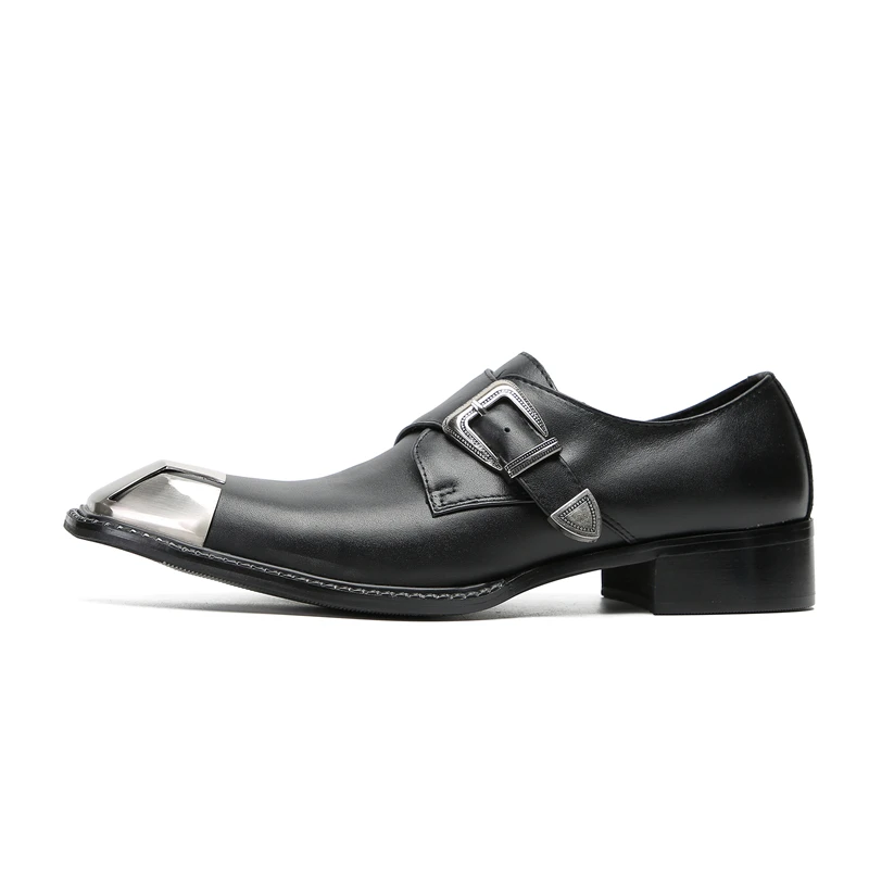 Italian High Quality Men Black Genuine Leather Shoes Metal Square Toe Buckle Strap Mens Office Career Party Oxford sapato social