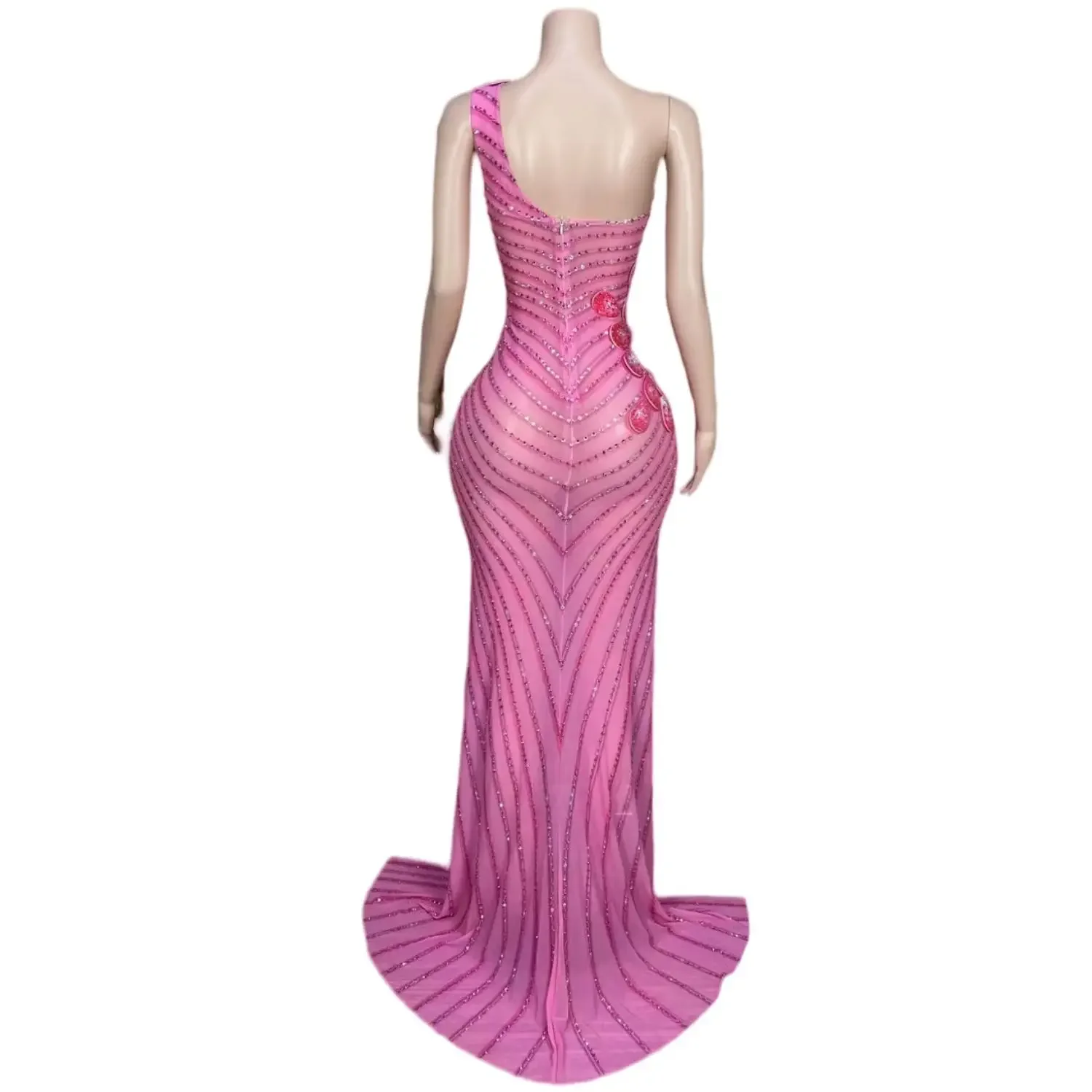 Vestido de fiesta de boda de cristal Rosa transparente para mujer, elegante vestido de fiesta de graduación largo Sexy, vestido de noche con abertura alta de diamante