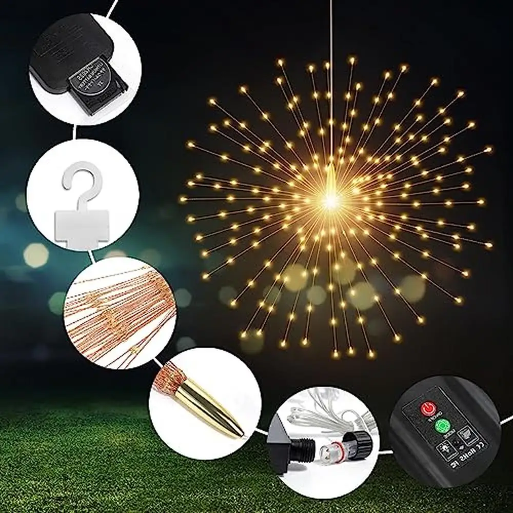 Solar Starburst Sphere Lights Hanging Fairy Lights Remote Control Waterproof Timer 8 Modes 1000 LED Shukan Firework Solar Lights