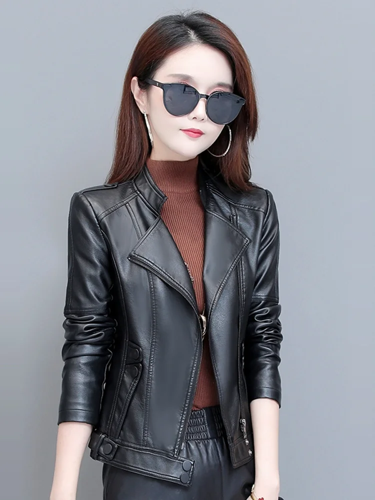 

Faionable ort Motorcycle Leather Jaet Women's Spring Autumn New Sle Haifeng Real eepskin Zipper Slim Fit Commute Wind