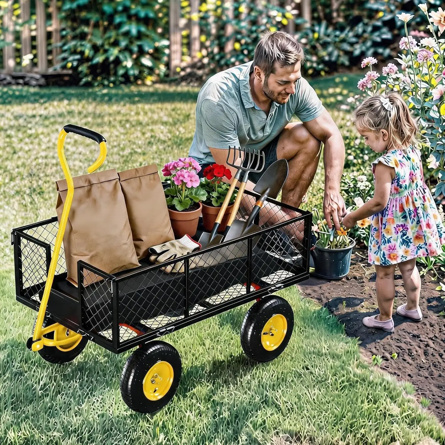 Tacleekii 900lbs Heavy Duty Steel Garden Cart Metal Outdoor Utility Yard Wagon Cart 3 in 1 Pullable Garden Wagon with 10 in Wheels 180° Flexible Handle for Gardening Soil, Tools, and Plant Transport