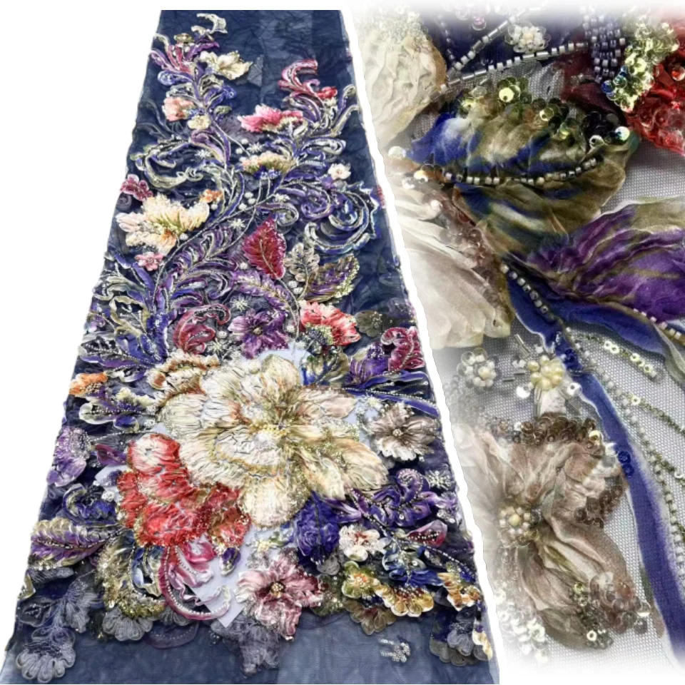 

Яркие африканские кружевные ткани с блестками и бисером, 3D структура, цвет, эмбридный сетчатый тюль, кружево для женщин, материал праздничного платья TP1731