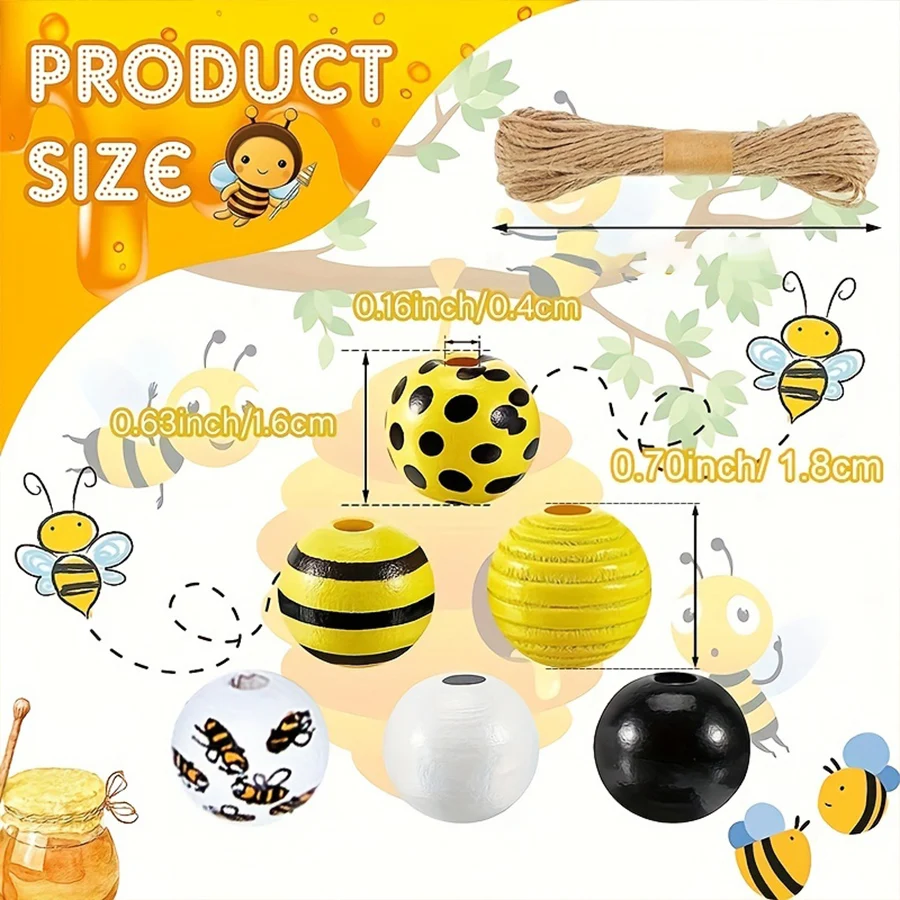 60 Pieces Bee Wooden Beads Wood Bee Honeycomb Beads Farmhouse Beads Round Spacer Beads with Hole for Necklace Bracelet