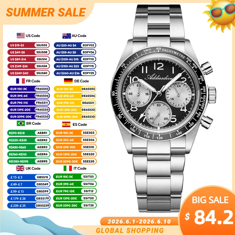 

ADDIESDIVE Quartz Watch For Men Bubble Glass Ceramic Bezel Luminous Personalized Watches 100m Waterproof Stainless Steel Watch