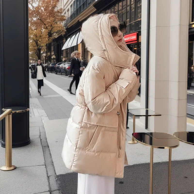 2025 Winter vrouwen Nieuwe Lange Katoenen Jas Vrouwelijke Capuchon Taille Trekkoord Parka Jassen Vrouwen Meerdere Zakken Casual Jas tops