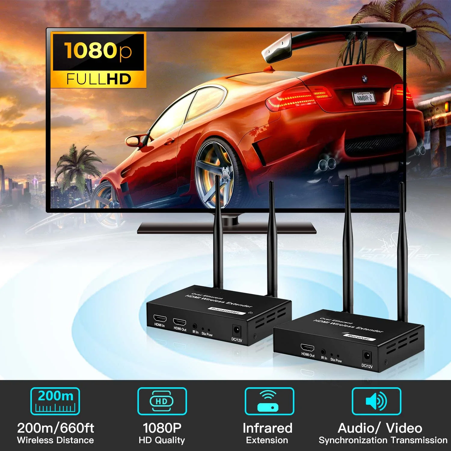 Wireless HDMI Transmitter Receiver Extender 1 TX-4 RX 200m 5.8GHz 1080P Audio Video Extender Kit with IR HDMI Loop-Out For TV