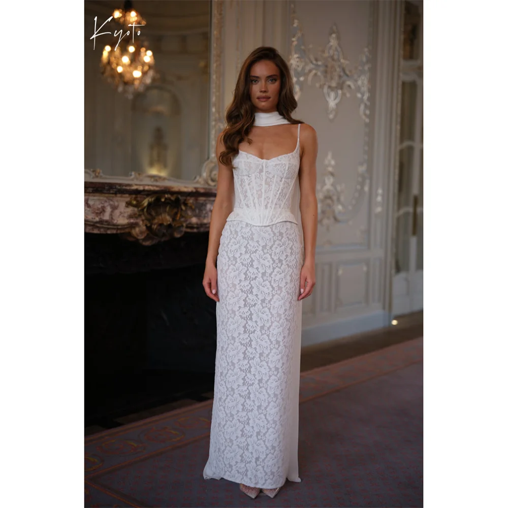 Kyoto Customized Ivory Lace Embroidery Corset Wedding Dress Spaghetti Straps Robe de mariée Floor-length With Slit Formal Gown