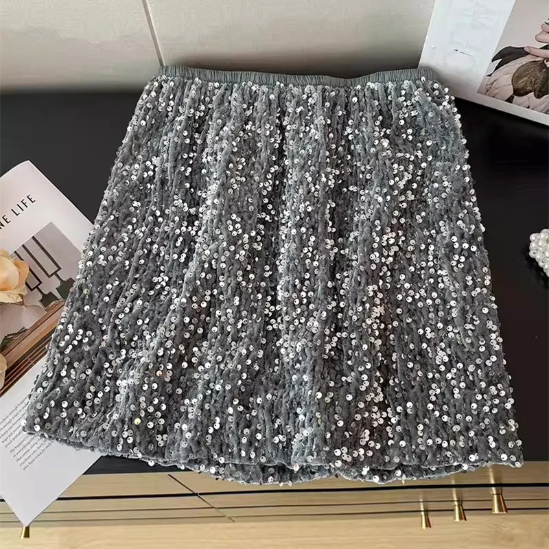 

Sexy Club Sequined Skirt Spring Autumn Women Elastic High Waist A-Line Mini Skirt Office Ladies Slim Bodycon Short Skirts Saia