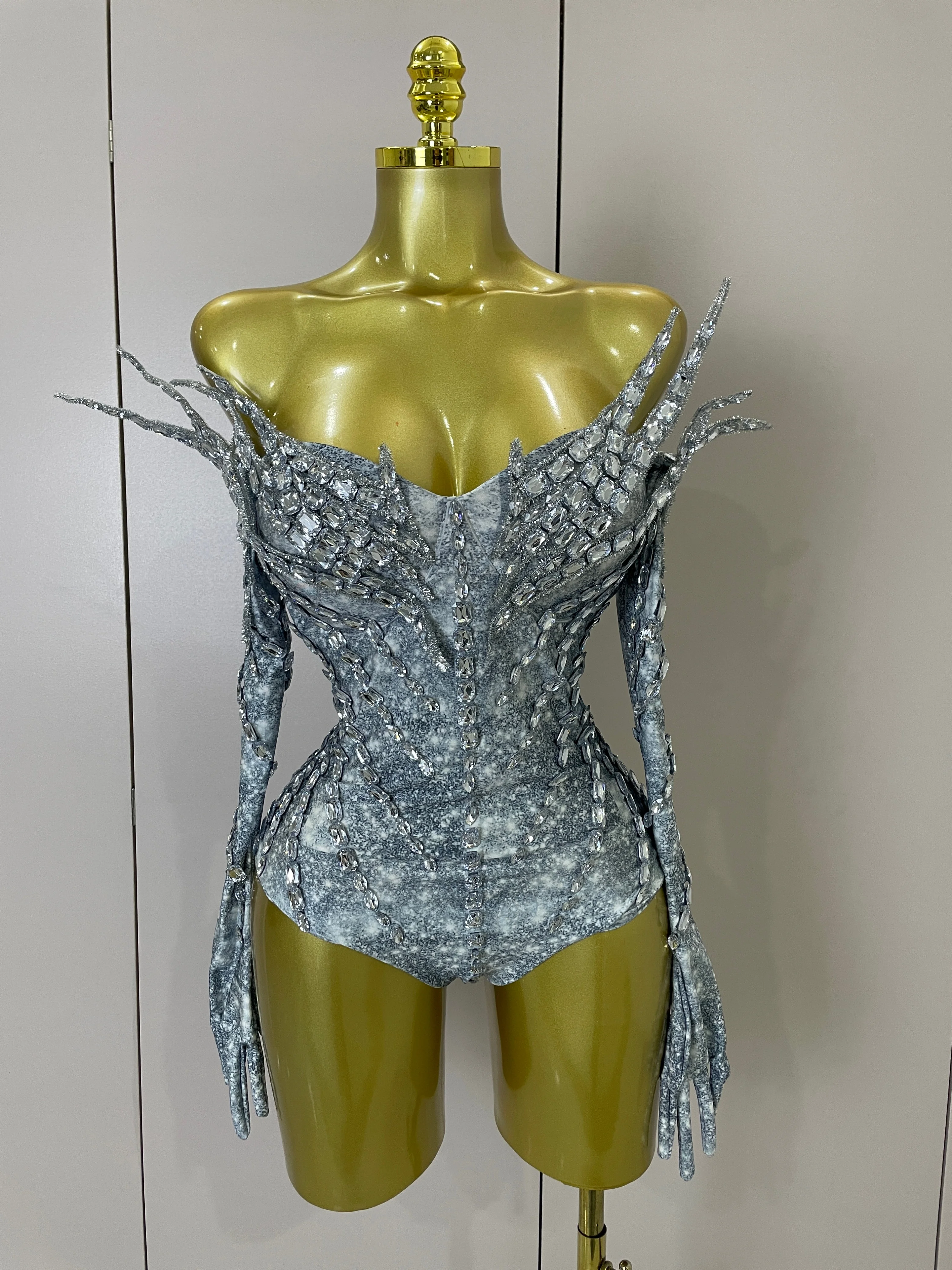 

Women New Sexy Sparkly Rhinestone Bodysuit With Gloves Birthday Party Nightclub Bar Dancer Performance Photoshoot Stage Costume