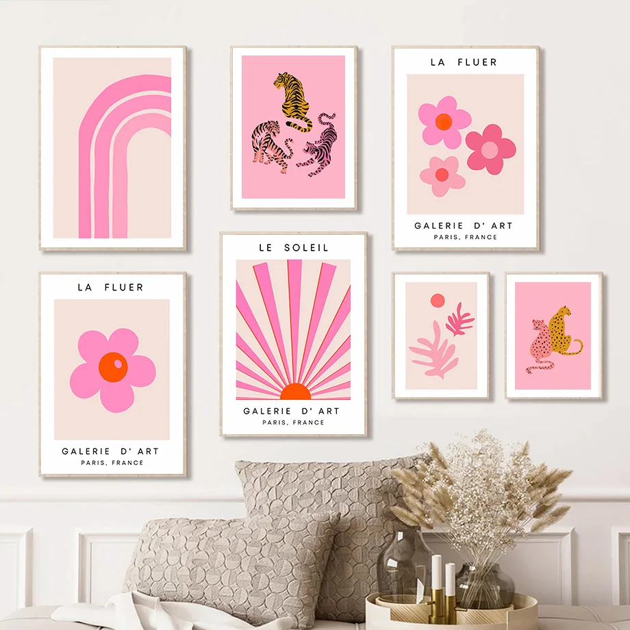 Pink Leopard Tiger Rainbow Flower Wall Art Canvas Painting Abstract Nordic Poster and Prints Wall Pictures for Living Room Decor