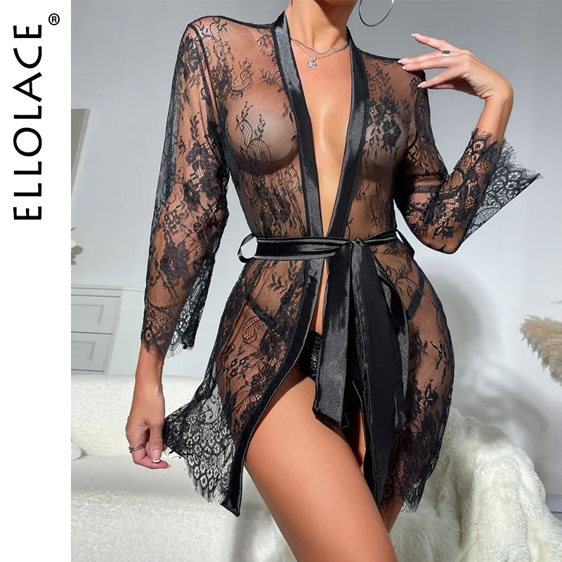 Ellolace Sensual Womens Nightdress Sexy Long Polyester Lingerie Transparent Nightwear Gown Imitation Solid Sissy Nightgown Thin