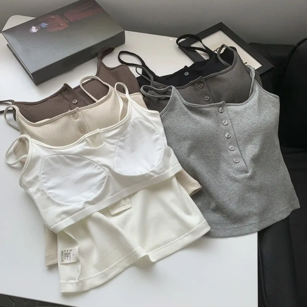 

Sleeveless Skinny Vest Cotton Tops Suspenders Undershirt Slim Crop Top Solid Color Bottoming Shirts Bra with Pads Camisole Girls