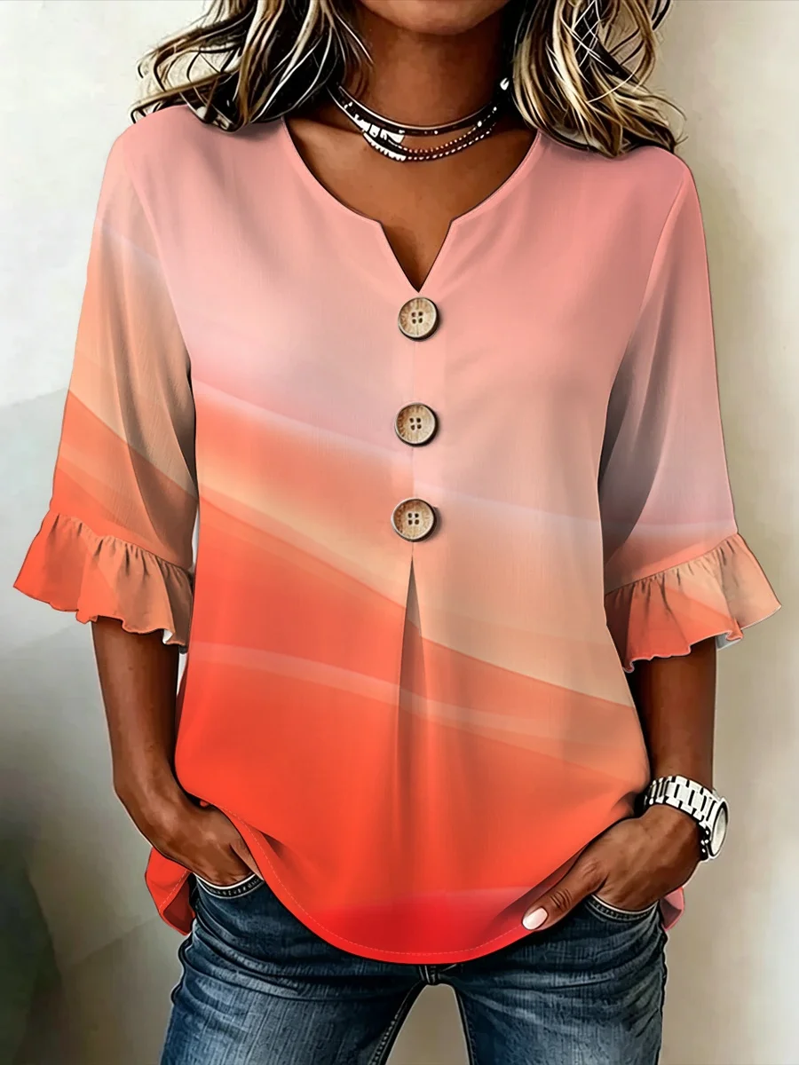 Blusa de talla grande para mujer, con cuello en V y detalles de botones, de estilo suave y elegante, ideal para llevar como prenda de vestir, con un diseño moderno que rejuvenece, perfecta para ocasiones informales, fiestas y para el uso diario.