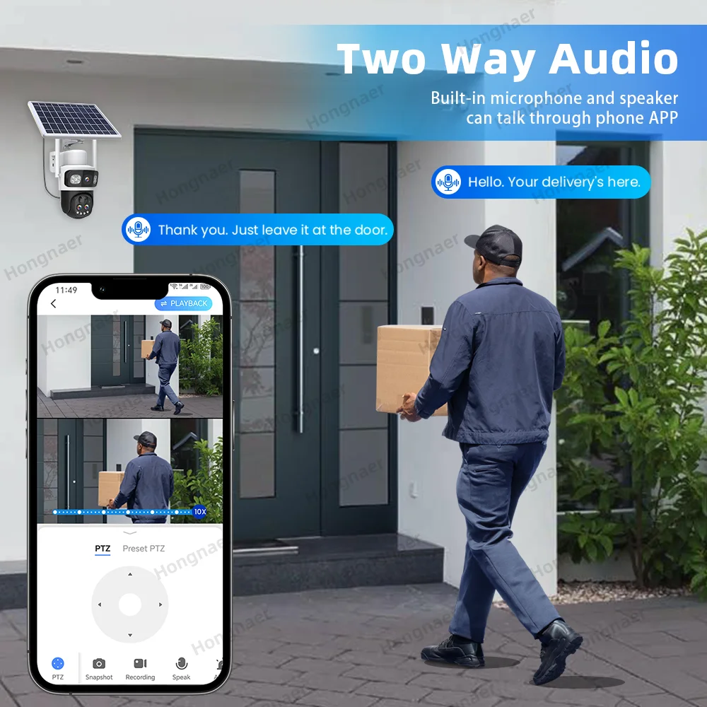 Hongnaer 12MP 6K 4G Outdoor 10X Zoom Three Lens Solar Panel Powered Wireless IP PTZ V380 Pro WiFi Security CCTV Solar Camera