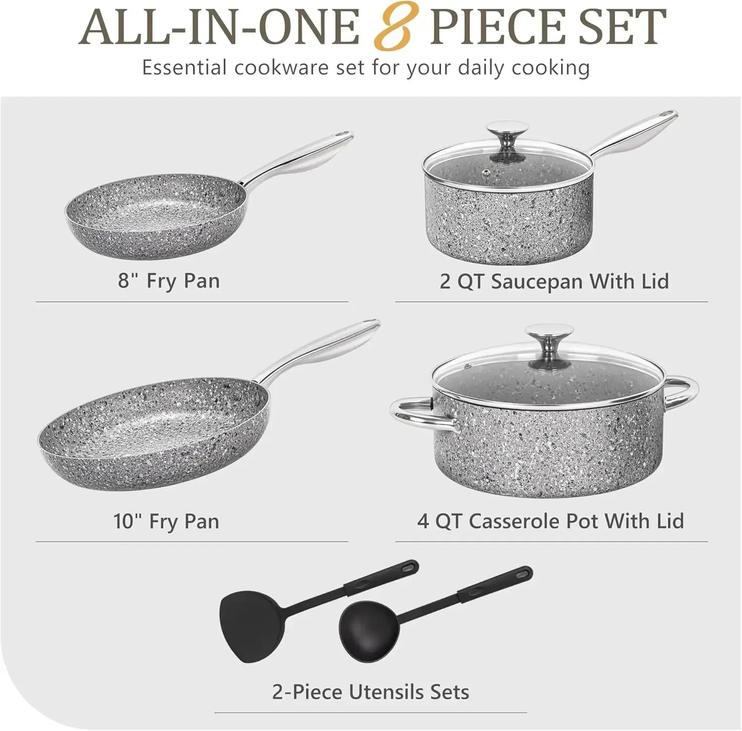 8 Piece Stone Cookware Set Pots and Pans Set  Set with Super Nonstick Results, Stone Pots and Pans  Wok Pan