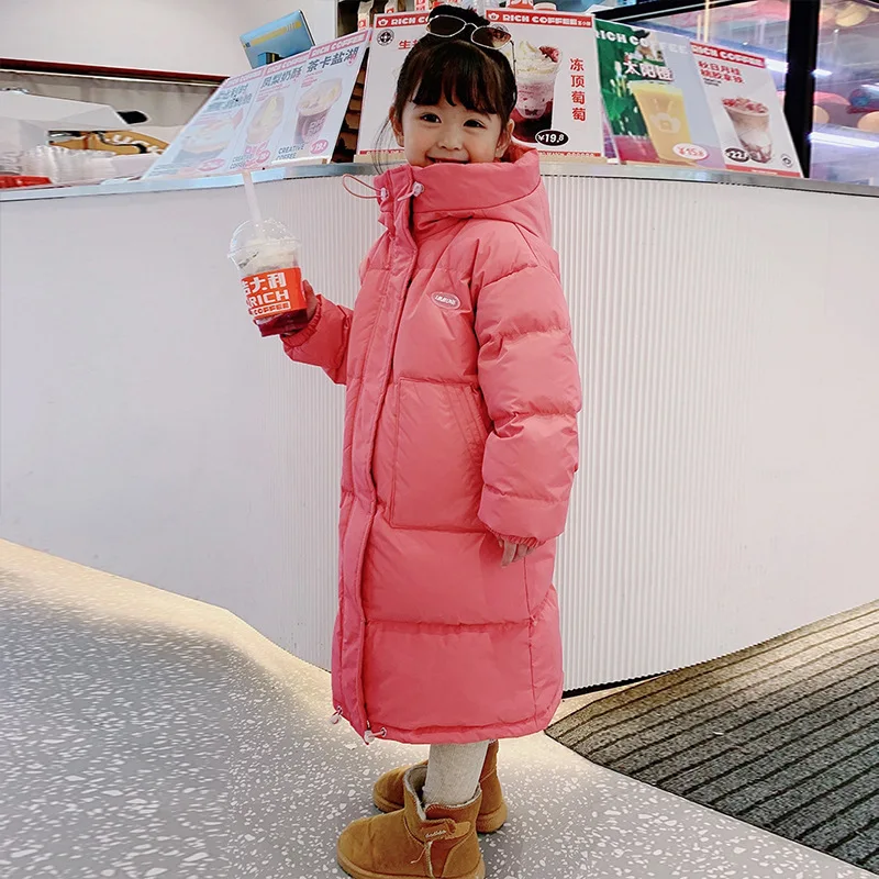 2025 novo inverno meninas para baixo jaqueta estilo longo cor sólida moda parka casaco com capuz zíper outerwear presente de aniversário crianças roupas