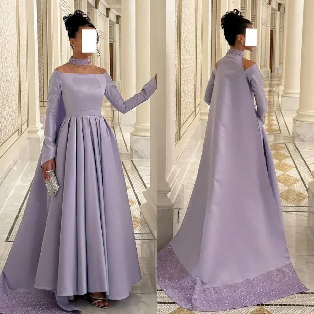 

Customized Formal Draped Sequined Pleat Evening Dress A-line Off-the-shoulder Long Prom Dress Bespoke Occasion Dresses