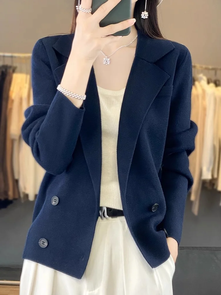 

Loose Women's Knitted ort Cardigan with Suit Collar Outerwear Korean Sle Long Sve Color Button up Sweater