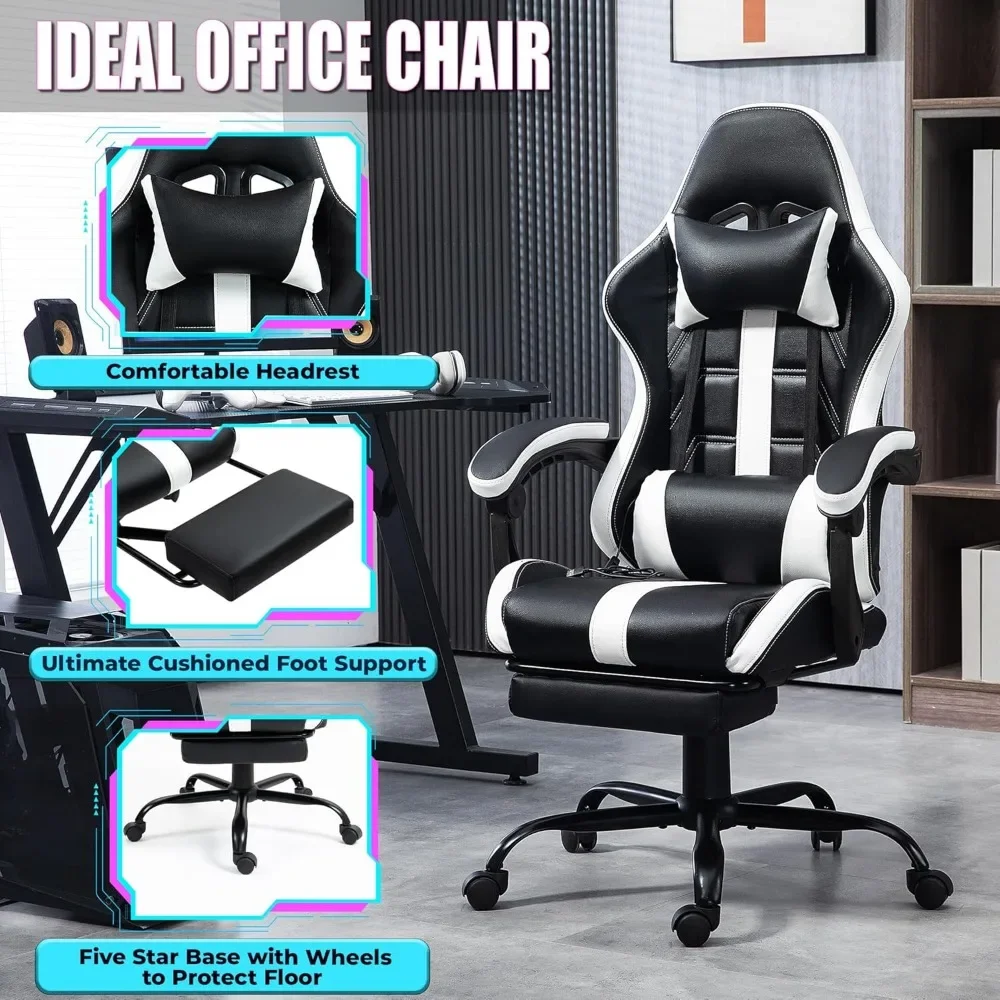 Massage Gaming Chair with Footrest, Ergonomic PU Leather Computer Chair w/Headrest and Lumbar, Height Adjustable