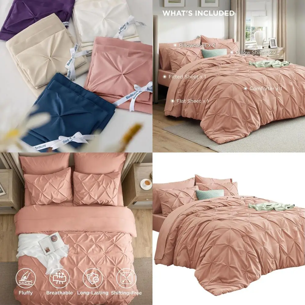 

Dusty Pink Full Bedding Set - 7-Piece Comforter with Pinch Pleat Design, Sheets, Pillowcases & Shams for Full Size Beds