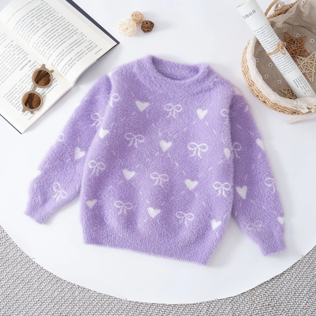 Butterfly Bow Knot Printed Kids Sweater 2026 Fall Winter New Plaid Round Neck Thick Girls Sweater Warm Clothing